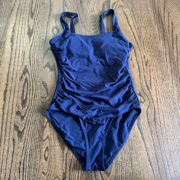 Athleta Womens Navy Blue Ruched Square Neck One Piece Swim Suit Size Small - Picture 1 of 9